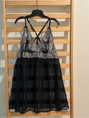 Cacique Black Lace-Embroidered Sheer Chemise